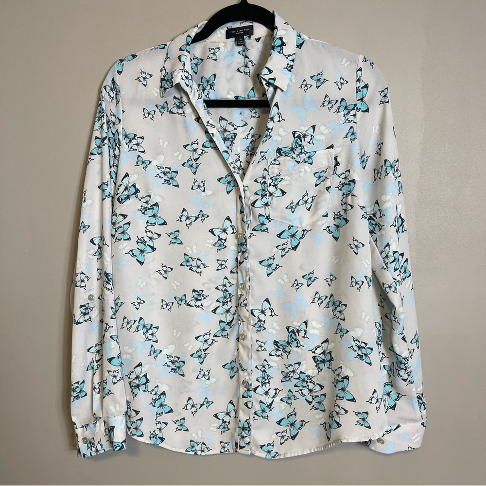 The Limited Ashton Butterfly Blouse Medium Semi Sheer Long Sleeve Blue Cream